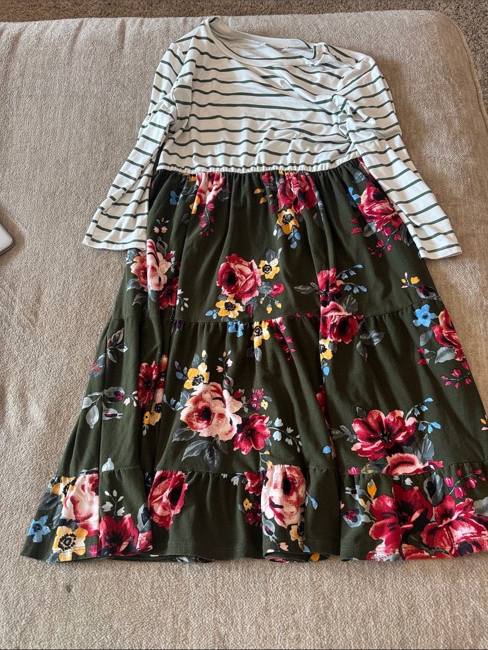 Reborn J Olive Green Floral Midi Skirt with Striped Top
